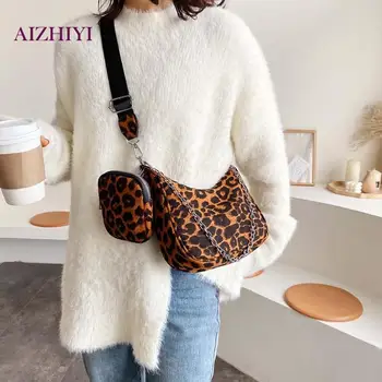 

Female 2pcs Nylon Casual Chain Messenger Bag Women Fashion Solid Color Leopard Shoulder Crossbody Handbags