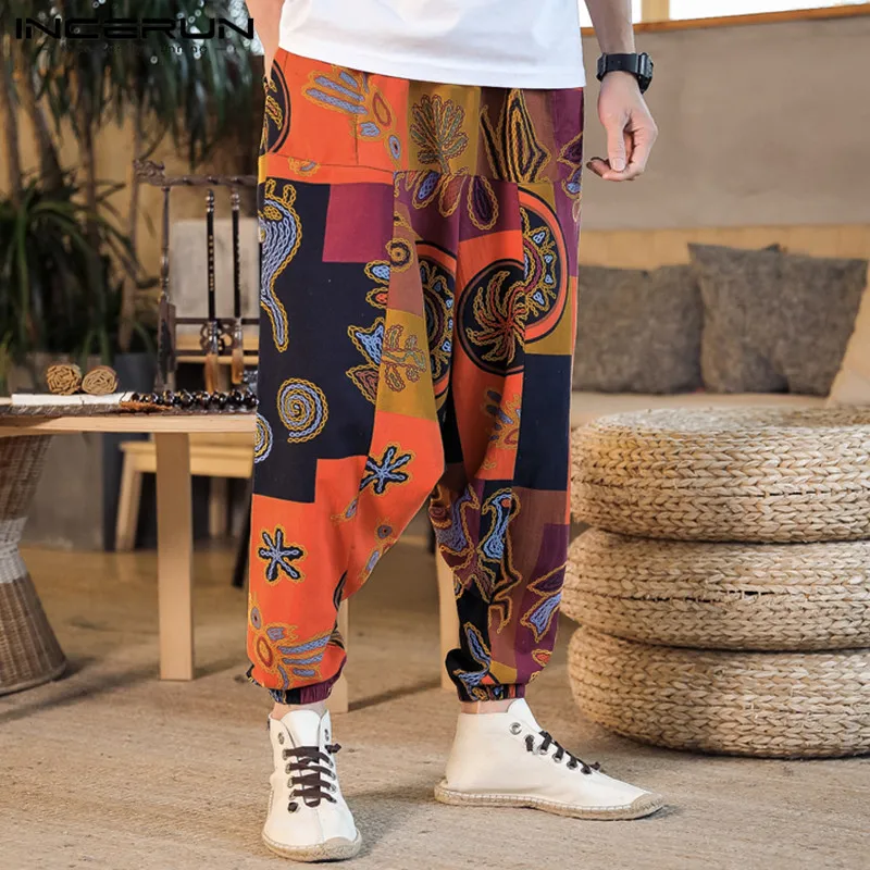 INCERUN мужские шаровары с принтом в стиле хип-хоп Ретро свободные Pantalon Hombre Джоггеры в этническом стиле с заниженным шаговым швом повседневные штаны Для мужчин Уличная
