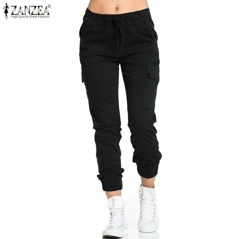 Women's Pants ZANZEA 2021 Fashion Drawstring Elastic Waist Long Trousers Casual Solid Pantalon Femme Loose Pockets Streetwear 7 | Женская