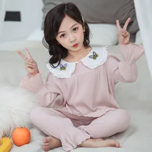 Осенний Пижамный костюм для девочек, кружевные Детские пижамные комплекты с цветочным принтом, одежда для маленьких девочек, хлопковая детская пижама, Детская домашняя одежда