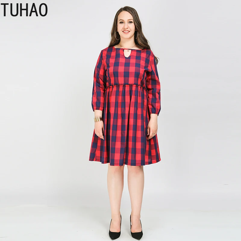 TUHAO осенние женские винтажные офисные повседневные платья свободного кроя в клетку vestidos размера плюс 8XL 7XL 6XL женское платье одежда LW116