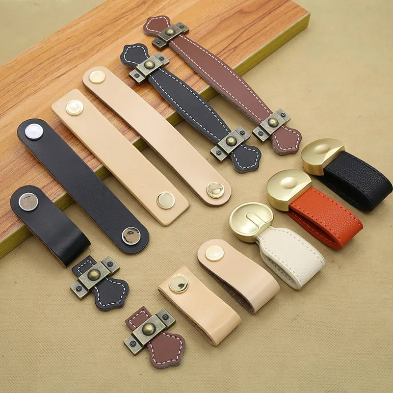 Leather Handle Bag Handle Drawer Door Knob Brown Black Furniture Handle Hardware Decoration Zinc