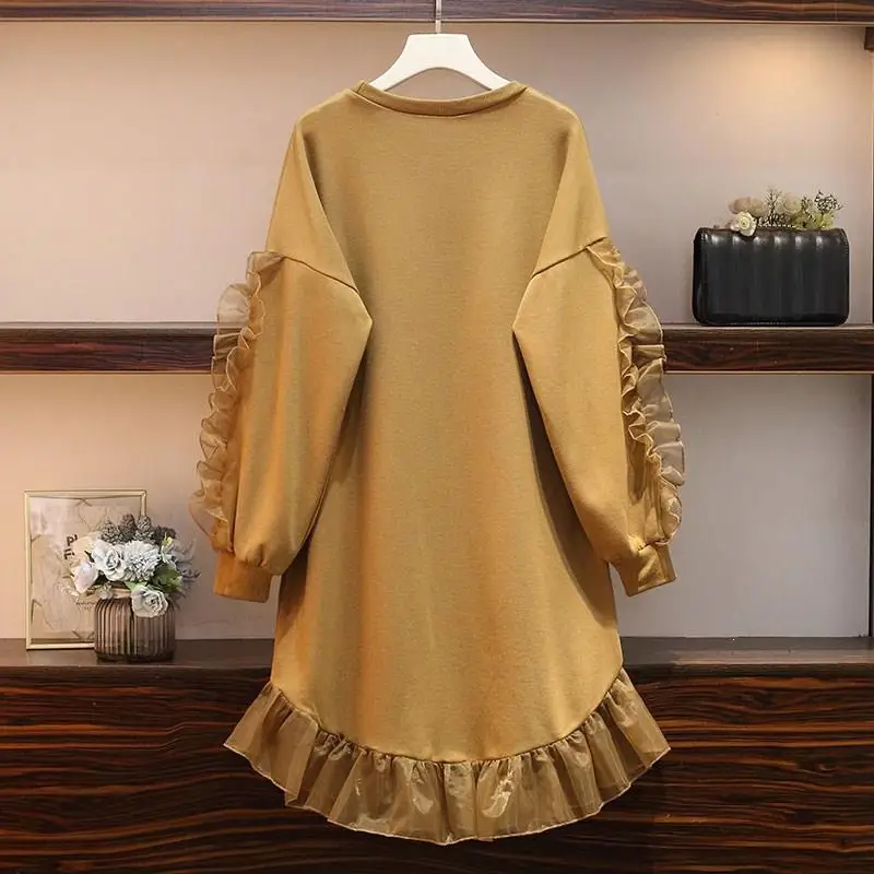 5Xl Зимняя Повседневная Толстовка размера плюс, уличная Женская Осенняя Толстовка с длинным рукавом из органзы в стиле пэчворк с оборками, свободные длинные толстовки