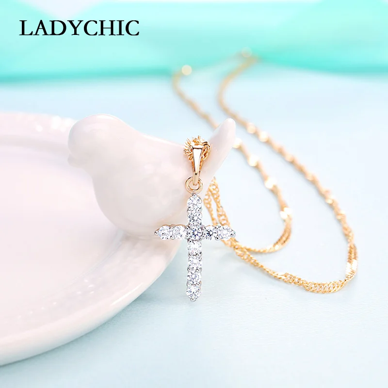 

LADYCHIC Cute Cross Charm Necklace with Clear Zircon Crystal Elements Pendant Women's Round Gold Color Cross Jewelry Gift LN1077