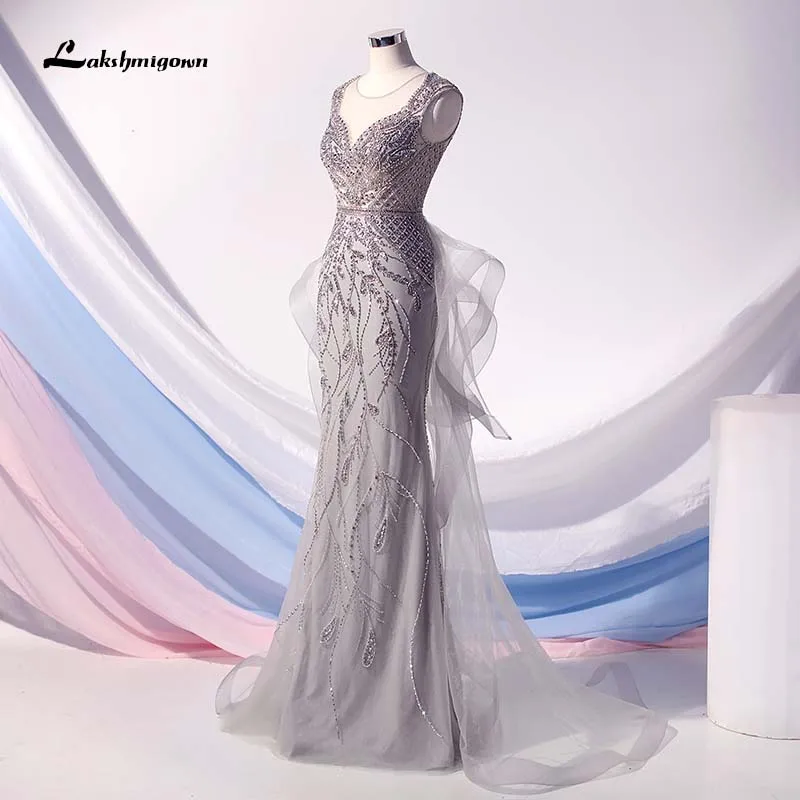 Lakshmigown, модное серебряное вечернее платье, стразы, Русалка, длинное, с оборками, тюль, с бисером, вечернее платье, Robe De Soiree, официальное, для вечеринки