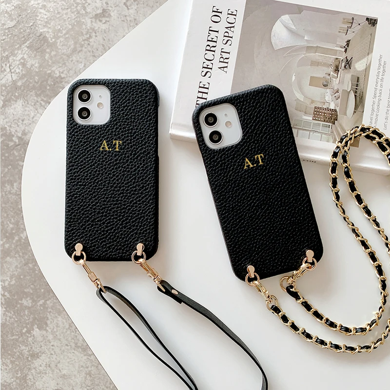 Custom Initial Name Crossbody Strap Cord Luxury Crocodile Leather Phone Case For iphone 11 12 13 Pro Max 7 8 Plus XR X XS Cover