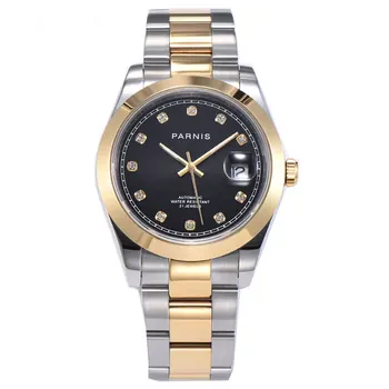 

Solid Parnis 39mm black dial diamond marks sapphire crystal date magnifier automatic mechanical movement men's wrist watch