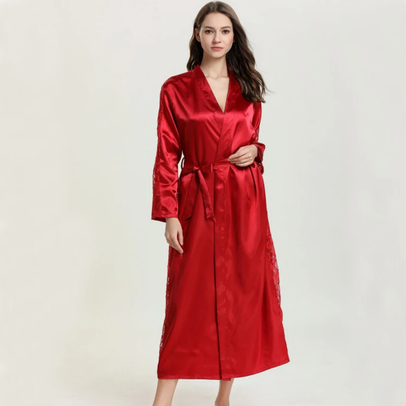 Длинный халат, сексуальный Шелковый Атласный ночной халат, кружевное кимоно, однотонный халат с длинным рукавом, банный халат, модный халат для женщин - Цвет: Красный