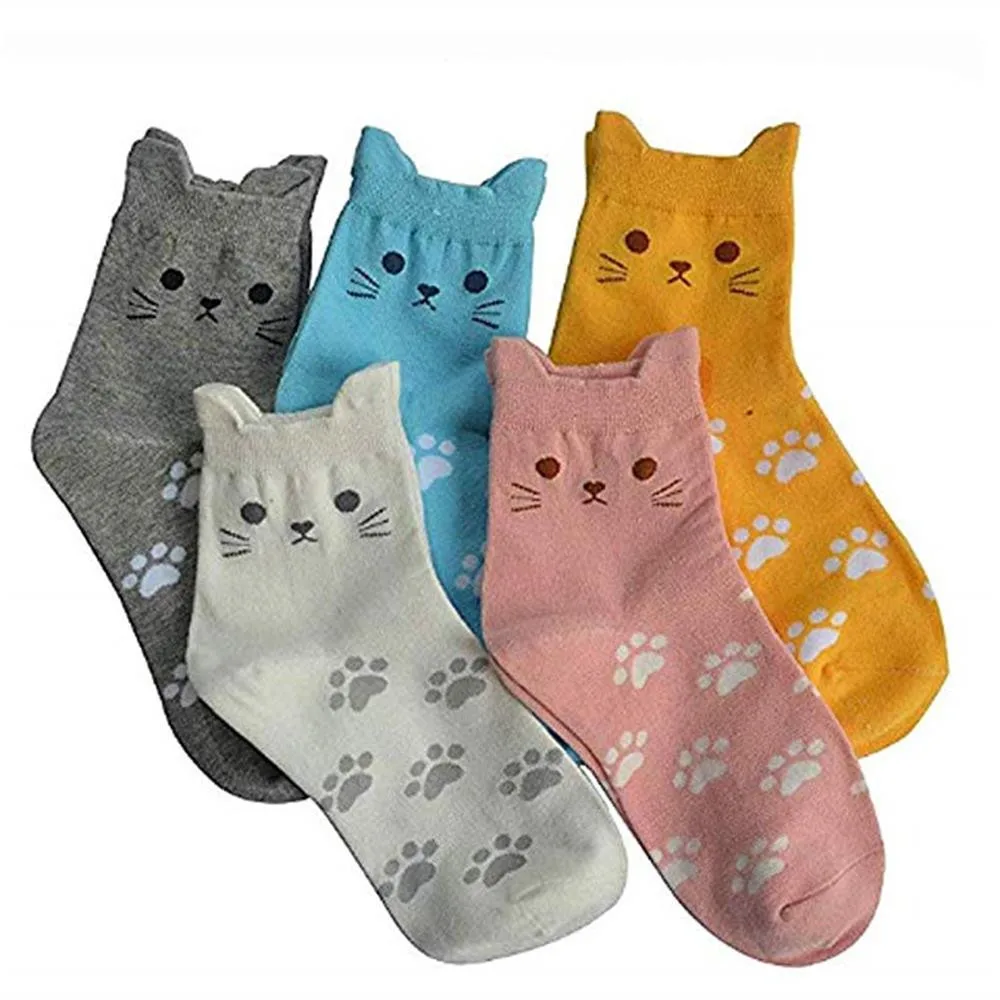 5 пар, милые Носки с рисунком кота из мультфильма, с принтом следов, для женщин и девочек, хлопковые повседневные милые носки в стиле Харадзюку, смешные короткие носки, новинка, z1105