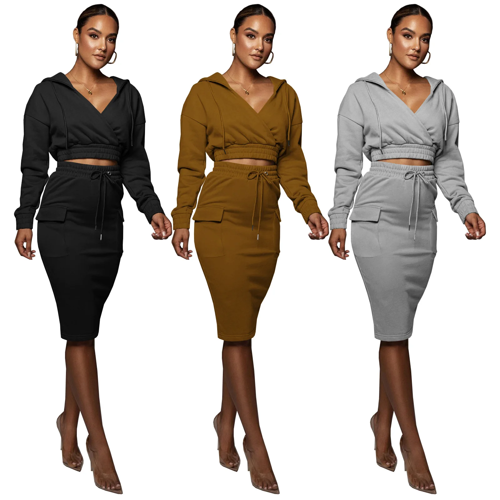 

Solid Fleece Fall Winter Clothes for Women Sexy Wrap V Neck Long Sleeve Crop Top Slit Skirts Club Party Two Piece Set Tracksuit