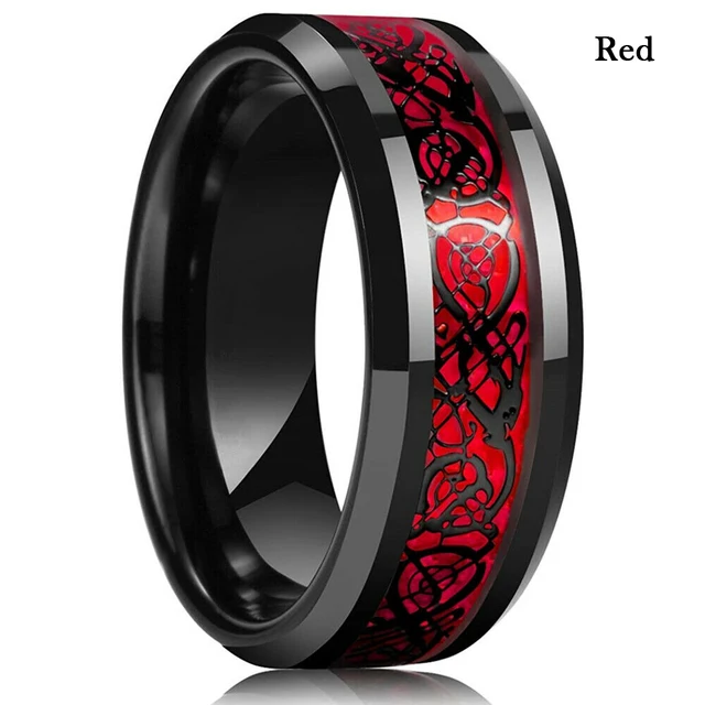 10 Colors 8mm Men's Stainless Steel Celtic Dragon Ring Inlay Red Green Black Carbon Fiber Ring Wedding Band Jewelry Size 6-13 Red