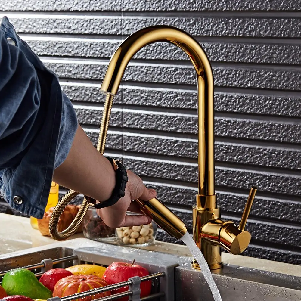 

EVERSO Kitchen Faucets Golden Single Handle Pull Out Kitchen Tap Single Hole Handle Swivel 360 Degree Water Mixer Tap Mixer Tap