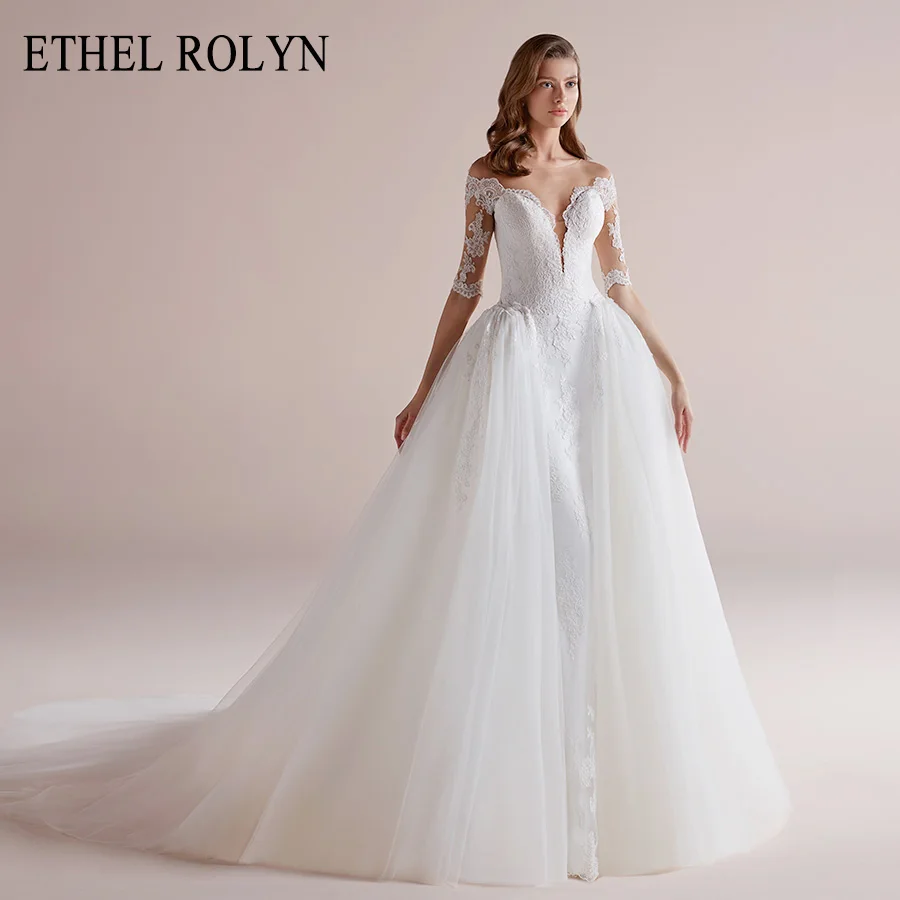 Свадебное платье Русалочки ETHEL ROLYN 2020 со съемным шлейфом с коротким рукавом и
