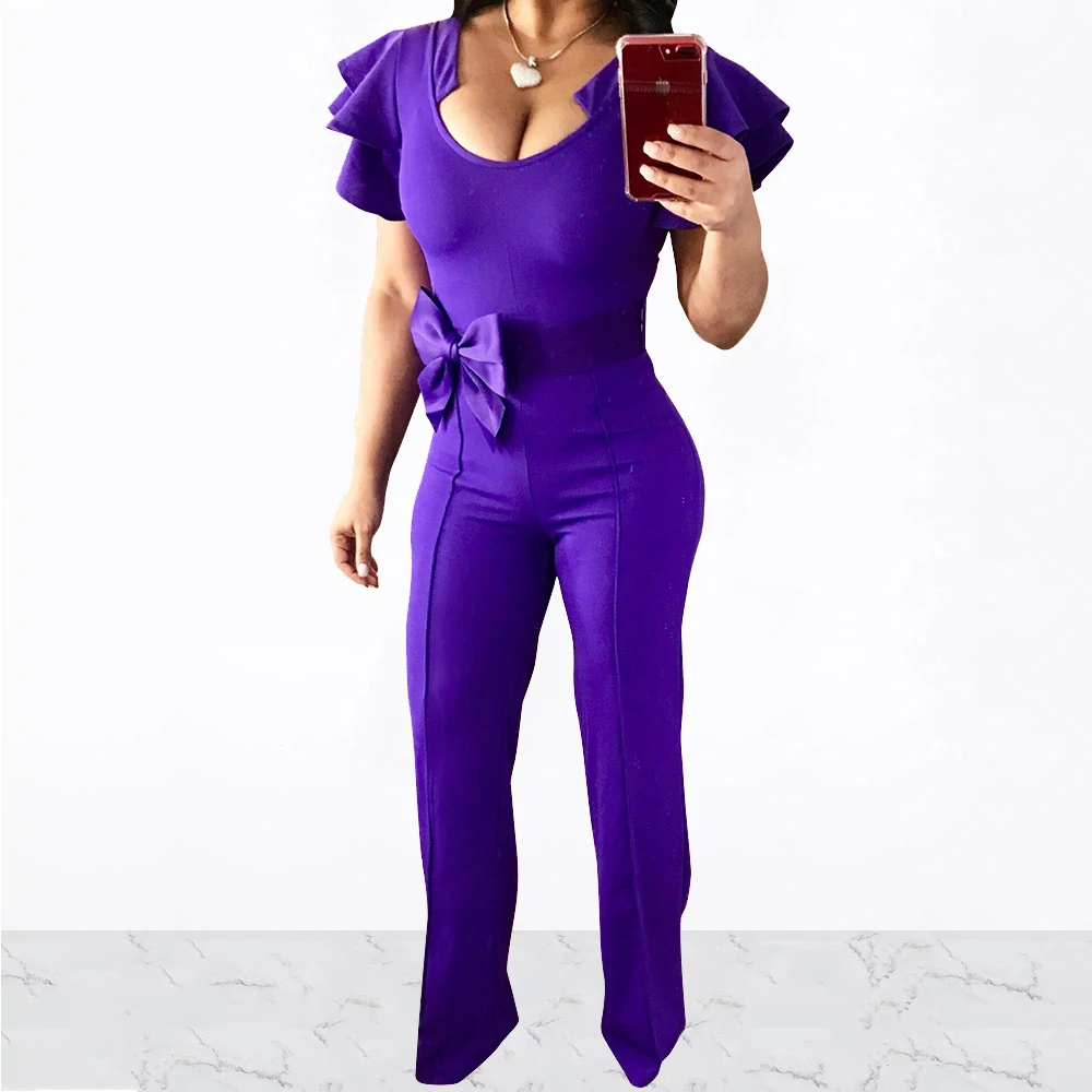 

Women Butterfly Sleeve Ruffles Loose Jumpsuits Elegant Solid Bow Belt Wide Leg Rompers Casual Streetwear Plus Size Overalls