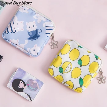 

Cute Cartoon Canvas Bags Sanitary Napkin Storage Bag Mini Make Up Coin Money Card Lipstick Tampon Pad Pouch Purse Women Girls