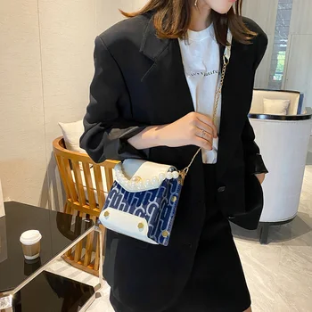 

Fashion Exquisite Shopping Bag Women Pearl Chain Shoulder Bag PU Female Printed Splicing Crossbody Flap Handbag