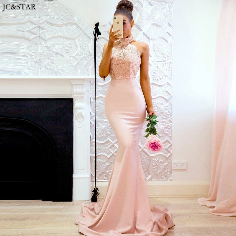 Vestidos de fiesta de noche новые кружевные розовые сексуальные платья подружки невесты с лямкой через шею и открытой спиной длинное свадебное платье