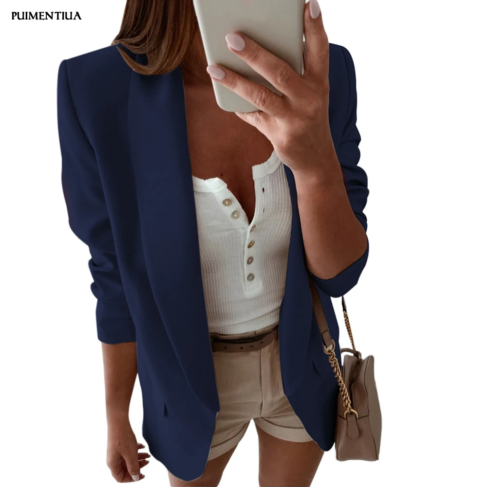 

Puimentiua Womens Autumn Long Sleeve Solid Double Pocket Lapel Small Suit Female Slim Fit Short Coats Outwear Jacket Suit Top