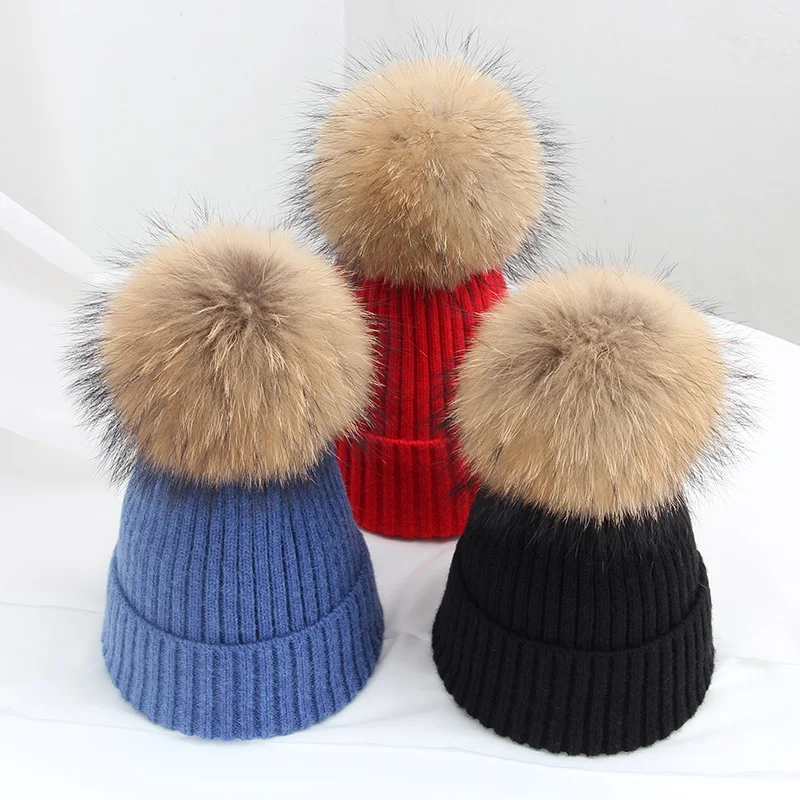 

Real Fur Baby Hat Winter Kids Wool Hat Pompom Boys Girls Beanie Cap Warm Toddler Hat