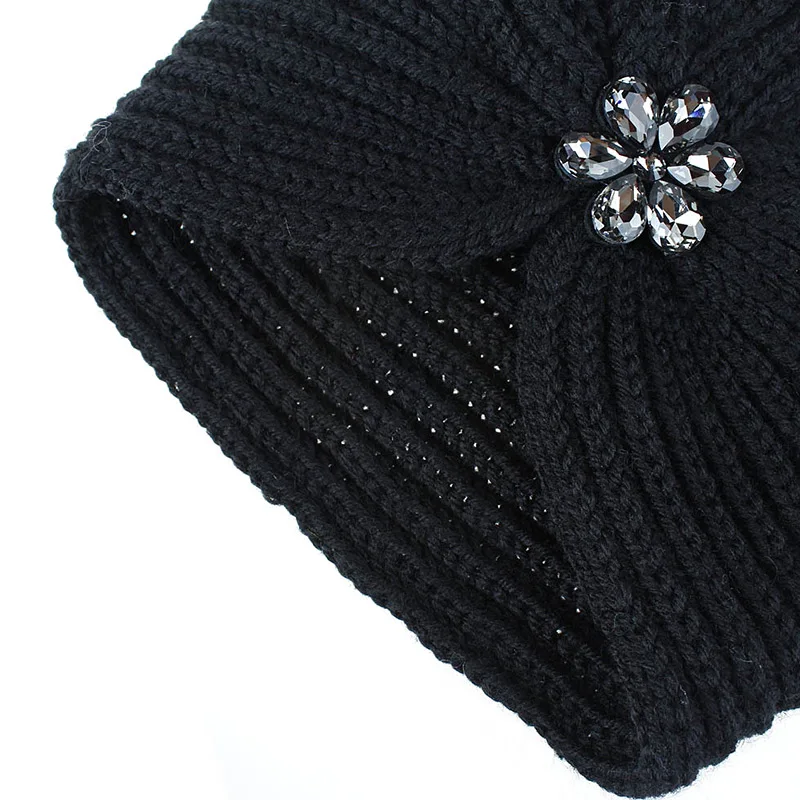 Женская теплая зимняя Осенняя вязаная шапка в богемном стиле, модные мягкие аксессуары для волос, тюрбан, одноцветная женская мусульманская шапка