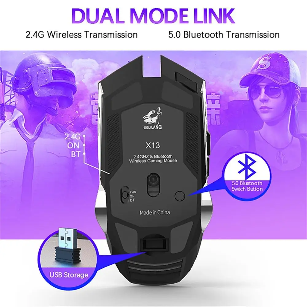 X13 Беспроводной игровой Мышь двойной режим 2 4G + Bluetooth USB Перезаряжаемые геймера