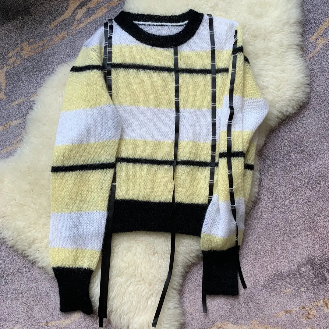 

2019 New Hippocampus Woolen Striped Plaid Contrast Cardigan Sweater Women Mohair Vintage O-Neck Full Short Pullovers Geometric