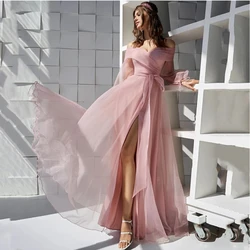 A-line Pink Tulle Prom Dresses Simple Sexy Evening Dress For Women Side Slit Sweetheart Off Shoulder Sleeveless 2022 New