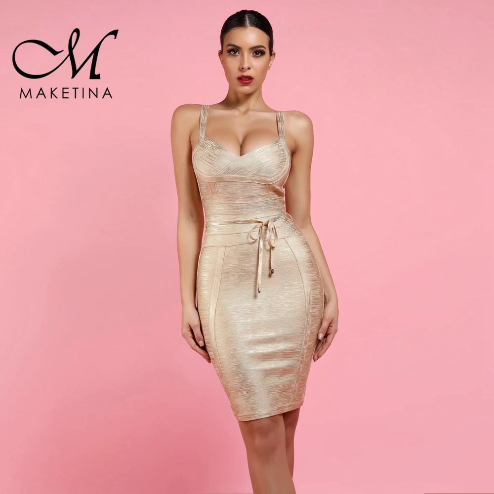 Сексуальное платье Maketina, Клубная одежда, летнее платье для вечеринки, Новое поступление, Золотое Бандажное платье с глубоким v-образным вырезом, облегающее Бандажное платье на тонких бретельках