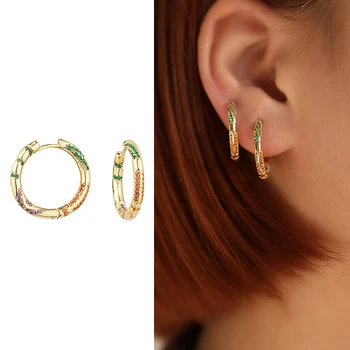 

Bohemian Huggies Small Hoops Earrings Fashion Multicolor Round Gold Color AAA Cubic Zircon Circle Ear Ring Jewelry Brincos