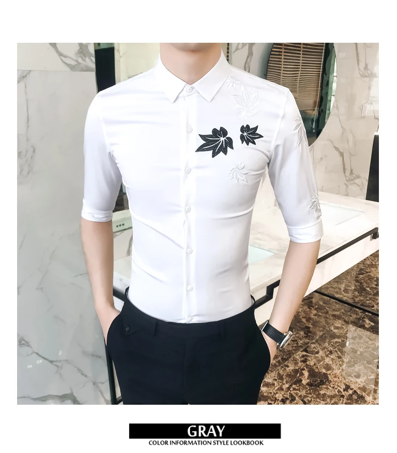 Мужская рубашка с вышивкой, высокое качество, Camisa Masculina Blcak, белая рубашка с коротким рукавом, рубашка для ночного клуба, Chemise Homme, уличная одежда