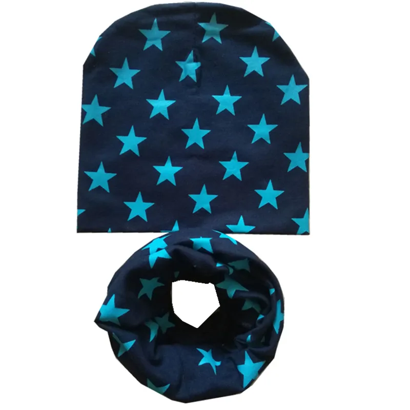 New Autumn Winter Cotton Baby Hat Scarf Set Big Stars Print Baby Boys Girls Beanies Caps Toddler Child Cap Scarf For 4-12years