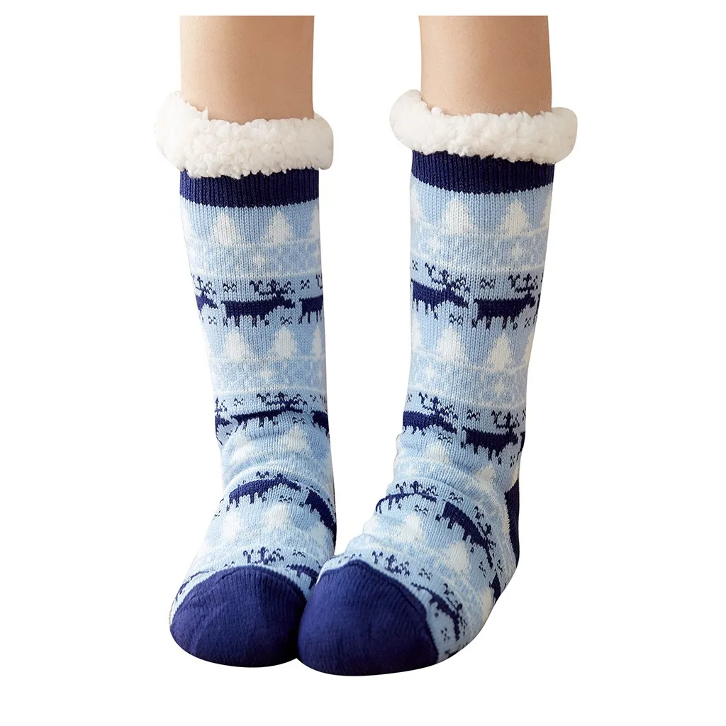 Женские рождественские носки, женские хлопковые носки с принтом, толстые Нескользящие женские носки-тапочки, mujer calcetines, новинка - Цвет: Sky Blue