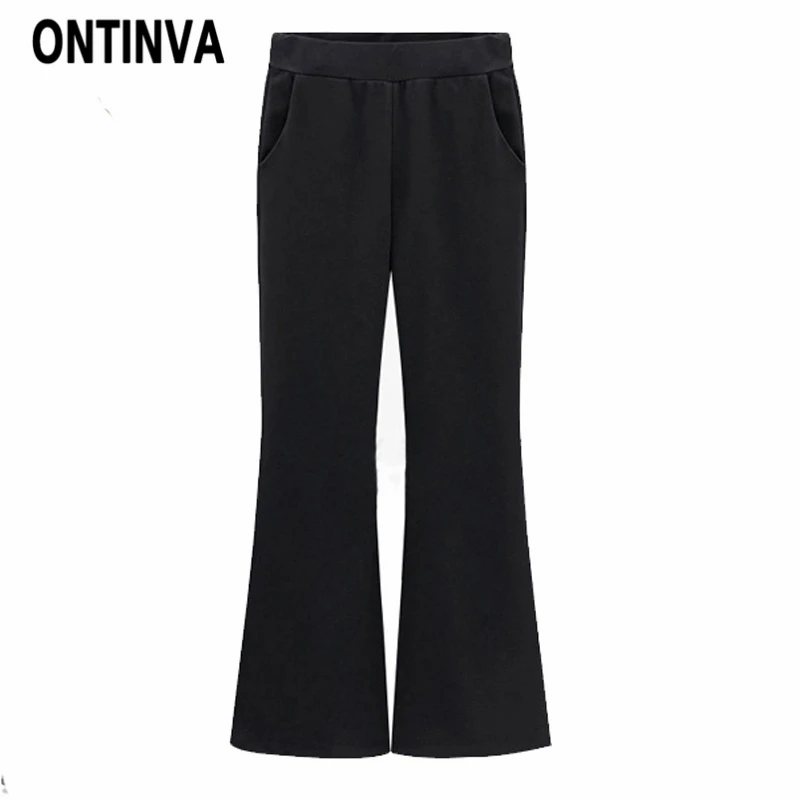 Black with No Fleece Зимние женские брюки большого размера с завышенной талией, расклешенные брюки, женские теплые флисовые расклешенные брюки, широкие брюки, черные женские весенние брюки - Цвет: Black with No Fleece