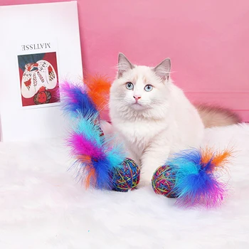 

2PCS Cat Ball Toy Interactive Lovely Cat Colorful Feather Toy Cat Rope Ball Pet Chew Toy Training Toys Pet Cat Funny Favor Toy