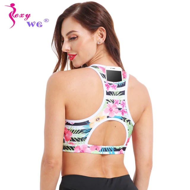 US $6.20 SEXYWG Top Women Sports Bra with Phone Pocket Compression Push Up Underwear Top Female Gym Fitness 