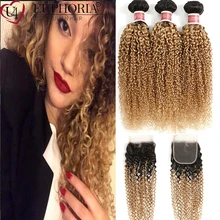 

T1B/27 Brazilian Remy Human Hair 3 Bundles With Lace Closure Ombre Blonde Two Tone Kinky Curly Bundles With 4x4 Closure Euphoria