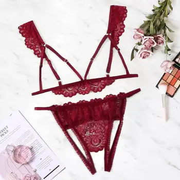 

Women Underwear Set Sexy Lace Bra Set Plus Size V-Neck Hollow Bra +Thong Lingerie Set Underwear кружевное белье #2N19