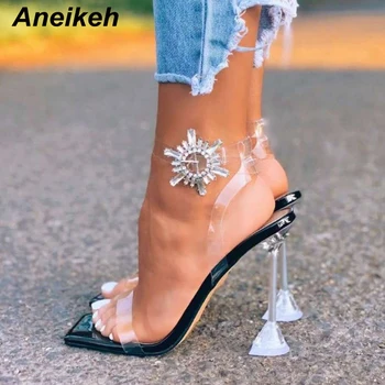 

Aneikeh NEW Square Toe Summer Women Sandals Fashion Transparent Spike Heels Thin High Heel Buckle Strap Party Dress Ladies Shoes