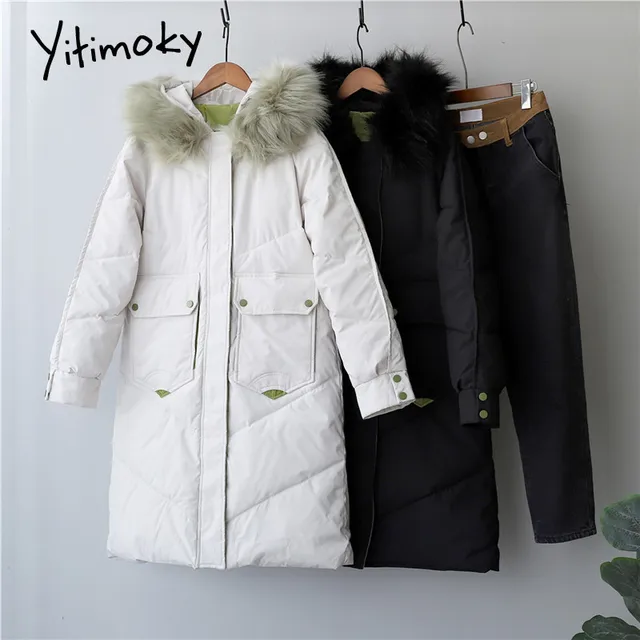 Yitimoky Spliced Winter Coat Women Elegant Clothes Black Long Parkas Puffer Jacket Fur Collar Hoodies New Stylish Outerwear