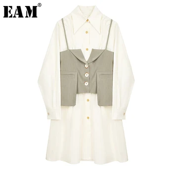 

[EAM] Women Beige Plaid Split Joint Temperament Shirt Dress New Lapel Long Sleeve Loose Fit Fashion Spring Summer 2020 1Y296