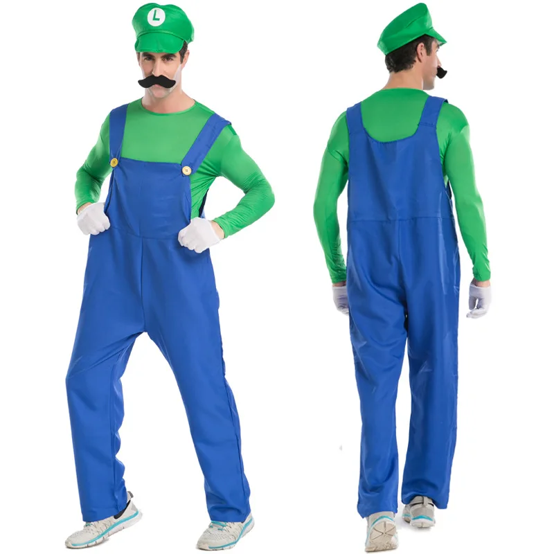 Funy Super Mario Bros Hats Luigi Plumber Cosplay Mario Costume Women Girls Halloween Party Fancy Dress Parent-child Adult Kids