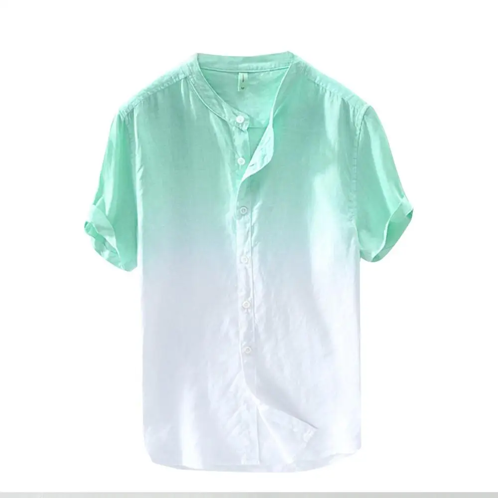 Рубашки Летние 19new Мужские дышащие воротнички Висячие крашеные градиентные льняные рубашки пляжные блузки крутая одежда для праздников - Цвет: Зеленый