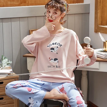 

Women Cat Pyjama Set Long Sleeved Animal Print Autumn Home Furnishing Serve Suit Pure Cotton Pijamas Full Pant Casual Tracksuit