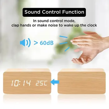 

Modern Wooden Wood Digital LED Desk Alarm Clock Thermometer Qi Wireless Charger Home Office HYD88