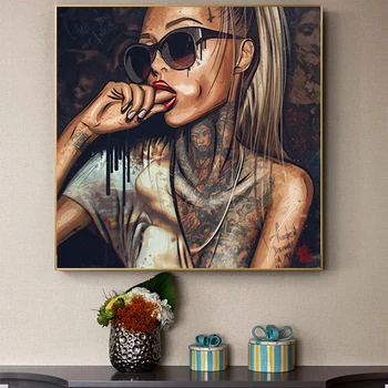 

Abstract Cool Sexy Girl Tattoo Canvas Painting Wear Glasses Women Portrait Posters and Prints Wall Art Pictures for Home Decor