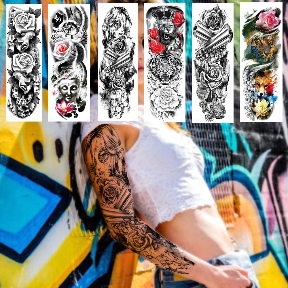 Black Full Arm Gangster Temporary Tattoos For Women Men Realistic Fake Rose Gun Mask Tatoos Body Art Legs Sleeve Sticker | Красота и
