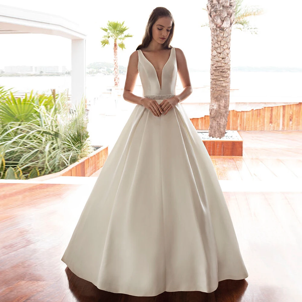 Robe de Mariee/Атласное Бальное платье большого размера, свадебное платье 2019, с открытыми плечами, с аппликацией из бисера, простое Vestido de Novia