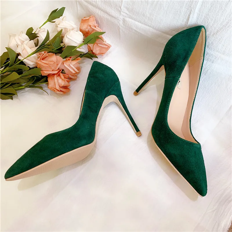 Veowalk Dark Green Flock Women Stilettos High Heels Elegant Ladies Ponited Toe Fashion Pumps Party Wedding Dress Shoes Customize