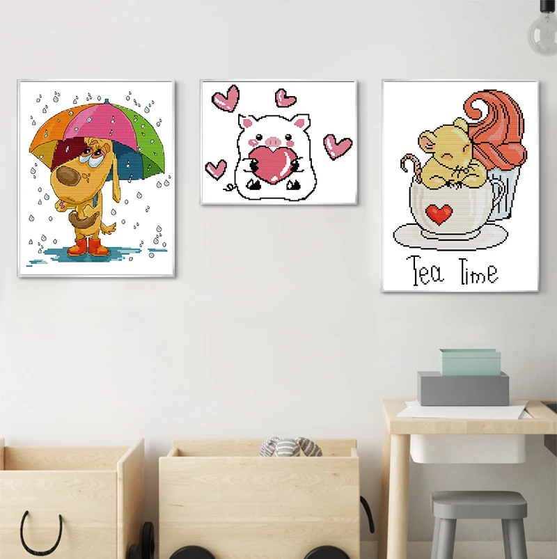 

Poppy,pig and Mouse Painting Animal Crossing 11CT 14CT Needlework Set Embroidery printed cross stitch Kit on Canvas for Kid Room