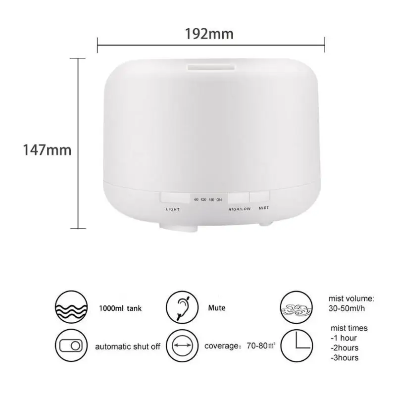 1000mL Timing Humidifier 7 Color LED Aromatherapy Ultrasonic Aroma Diffuser